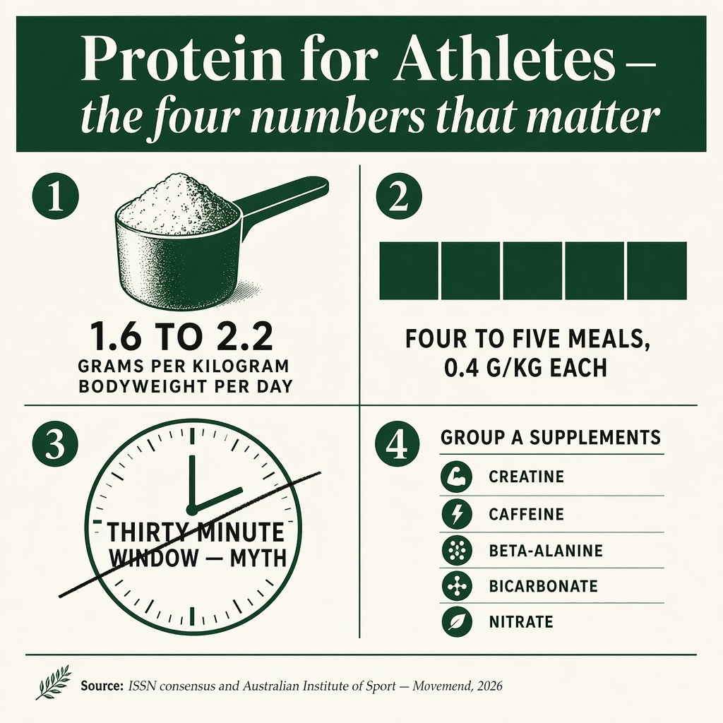 Protein for athletes — 1.6 to 2.2 grams per kilogram per day, distributed across four to five meals; the thirty-minute anabolic window is a myth; five Group A supplements have strong evidence