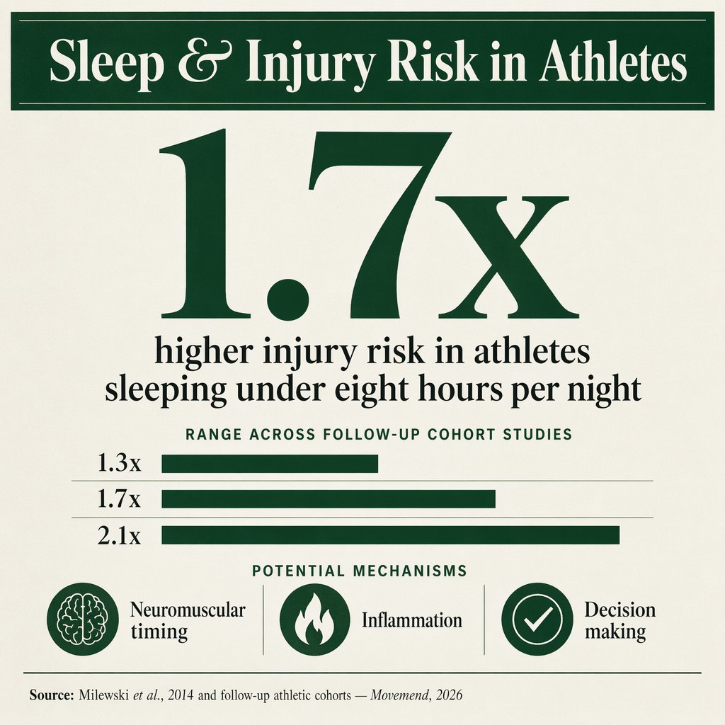 Sleep and athlete injury risk — athletes sleeping under eight hours per night are 1.7 times more likely to be injured; the range across follow-up cohorts is 1.3 to 2.1 times