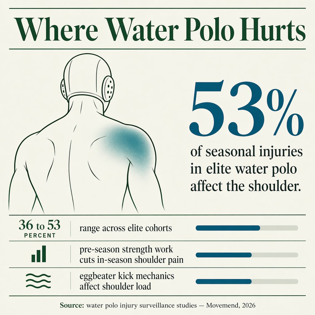 Where water polo hurts — the shoulder accounts for 53 percent of seasonal injuries in elite players, with the across-cohort range running from 36 to 53 percent